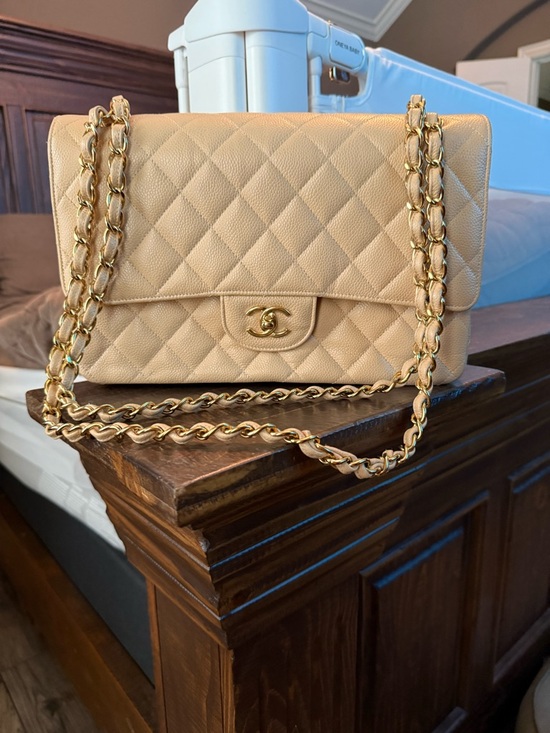 CHANEL Handbags - CHANEL Quilted Beige Caviar Leather Double Flap Shoulder Bag with Gold Hardware